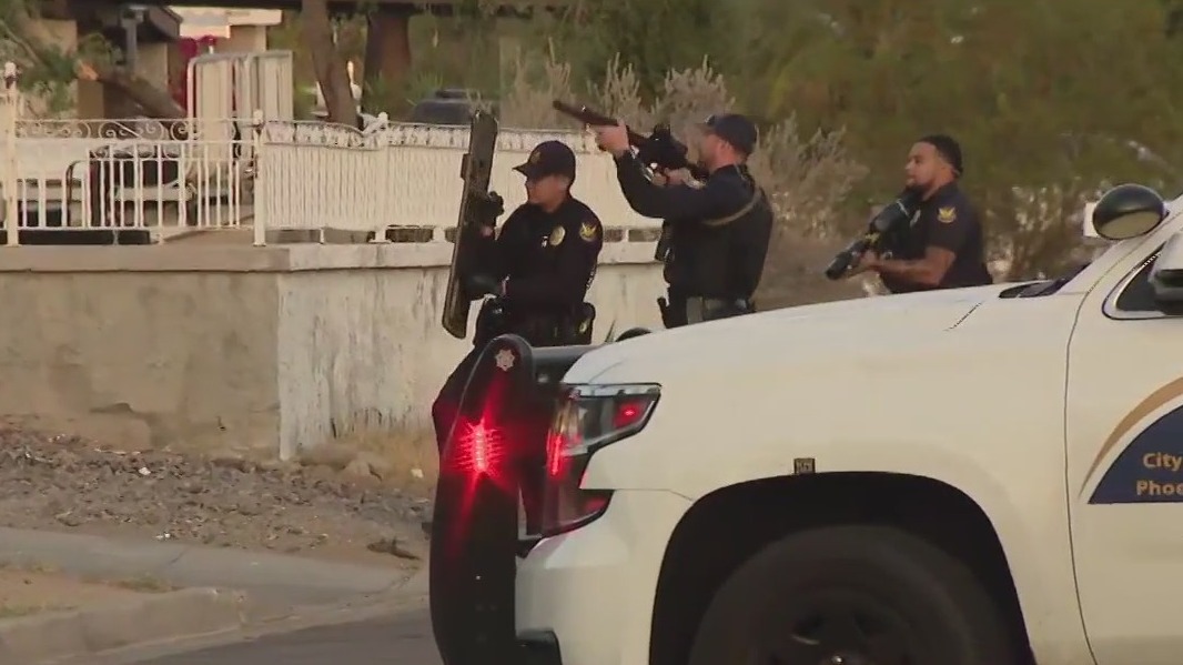 Police with guns drawn during suspect search